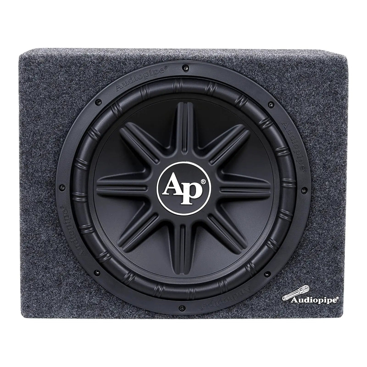 Front of a gray carpeted Audiopipe subwoofer enclosure with a black AP-logo grille