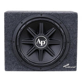 Front of a gray carpeted Audiopipe subwoofer enclosure with a black AP-logo grille