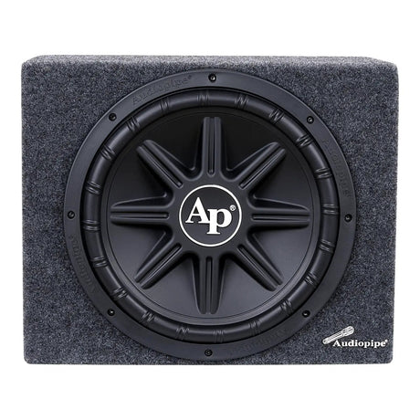 Front of a gray carpeted Audiopipe subwoofer enclosure with a black AP-logo grille