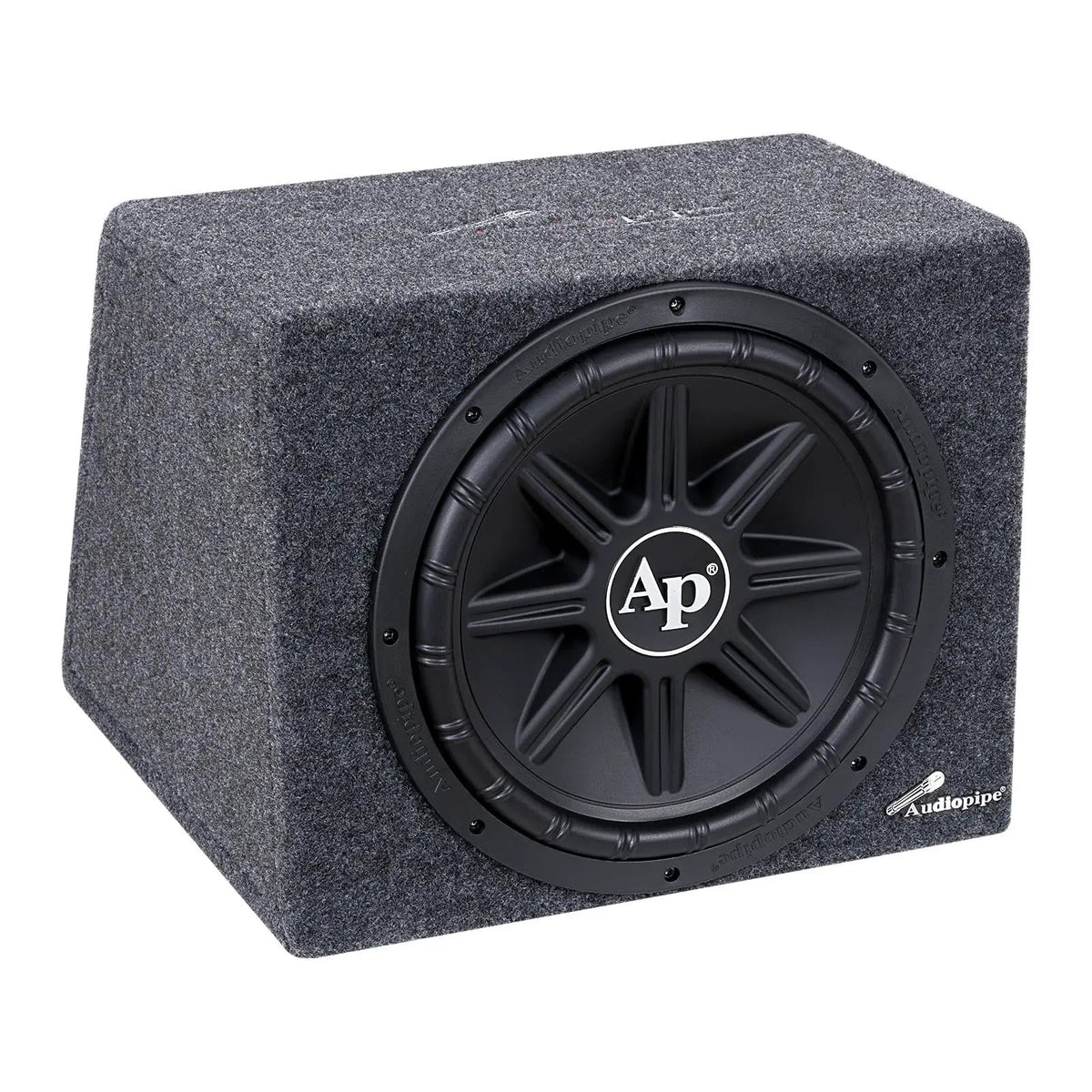 Angled view of a gray-carpeted enclosure with a single black AP-logo subwoofer
