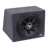 Angled view of a gray-carpeted enclosure with a single black AP-logo subwoofer