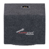 Gray-carpeted enclosure panel with an Audiopipe logo and recessed gold-colored binding posts