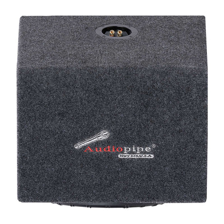 Gray-carpeted enclosure panel with an Audiopipe logo and recessed gold-colored binding posts
