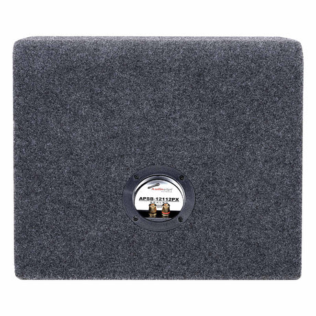Carpeted rear of subwoofer enclosure with recessed connection terminals