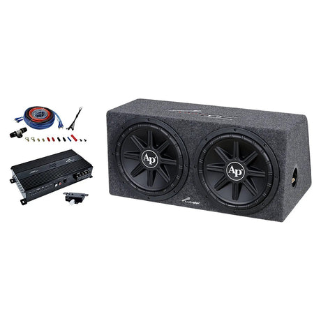Audiopipe dual-subwoofer enclosure bundle with amplifier, wiring kit and bass remote