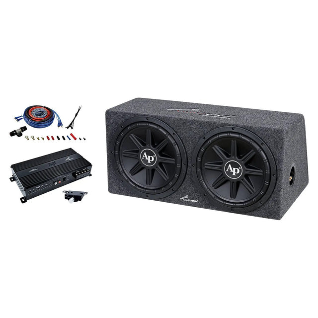Audiopipe dual-subwoofer enclosure bundle with amplifier, wiring kit and bass remote
