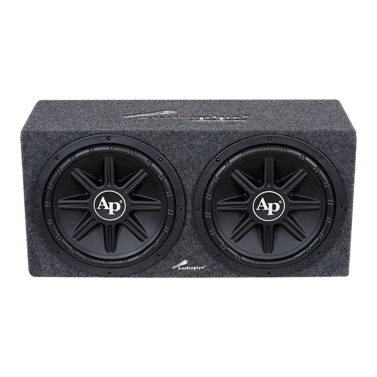Angled front view of a gray-carpeted enclosure with two black AP-logo subwoofers