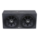 Angled front view of a gray-carpeted enclosure with two black AP-logo subwoofers