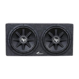 Front view of a gray-carpeted Audiopipe enclosure with two black AP-logo subwoofers