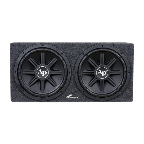 Front view of a gray-carpeted Audiopipe enclosure with two black AP-logo subwoofers