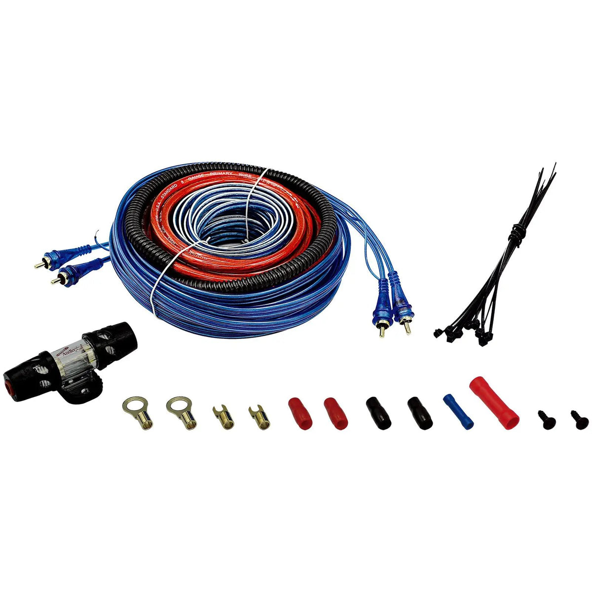 Amplifier wiring kit with coiled cables, inline fuse holder, cable ties, terminals and protective sleeves