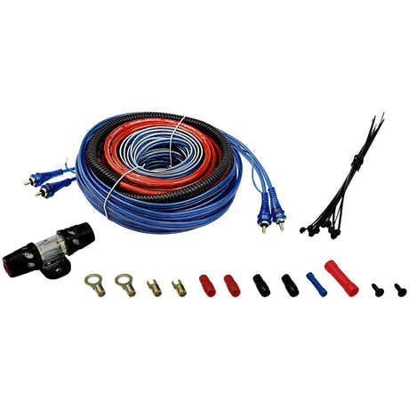 Amplifier wiring kit with coiled cables, inline fuse holder, cable ties, terminals and protective sleeves