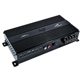 Angled view of a black Audiopipe amplifier with ribbed heatsink, RCA inputs, adjustment controls and power terminals