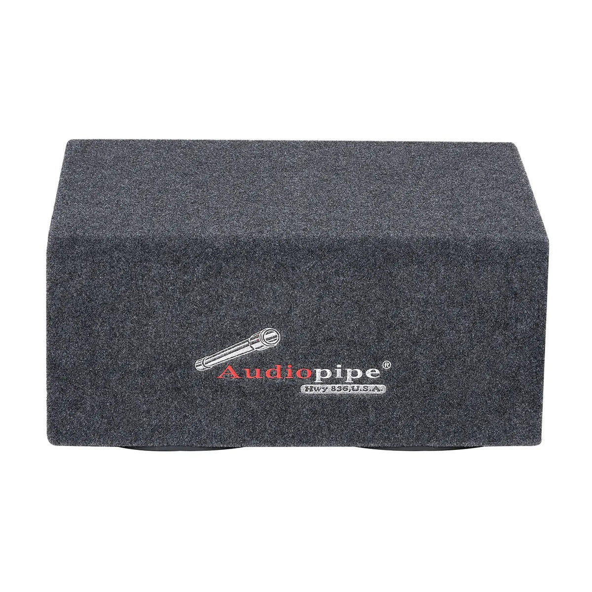 Audiopipe carpeted speaker enclosure rear view with embroidered logo