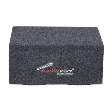 Audiopipe carpeted speaker enclosure rear view with embroidered logo