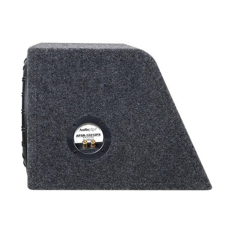Audiopipe carpeted speaker enclosure end view showing its sloped profile and recessed terminals