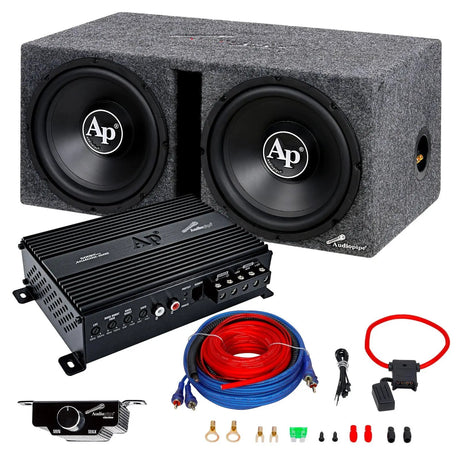Audiopipe bass package with a dual-subwoofer enclosure, amplifier, remote control, cables and wiring hardware