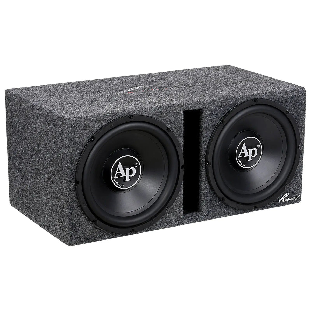 Angled view of a gray-carpeted Audiopipe enclosure with two black subwoofers and a central slot port