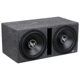 Angled view of a gray-carpeted Audiopipe enclosure with two black subwoofers and a central slot port