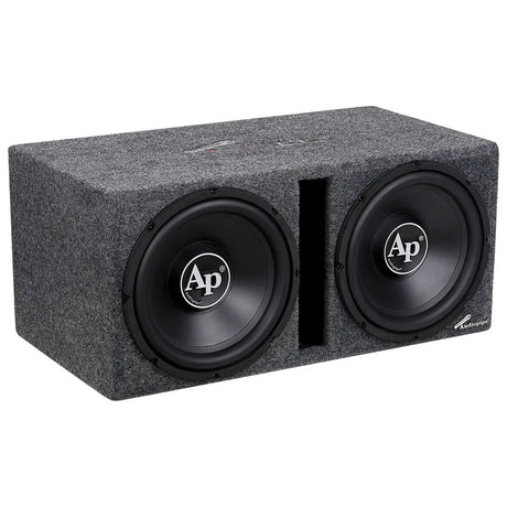 Angled view of a gray-carpeted Audiopipe enclosure with two black subwoofers and a central slot port