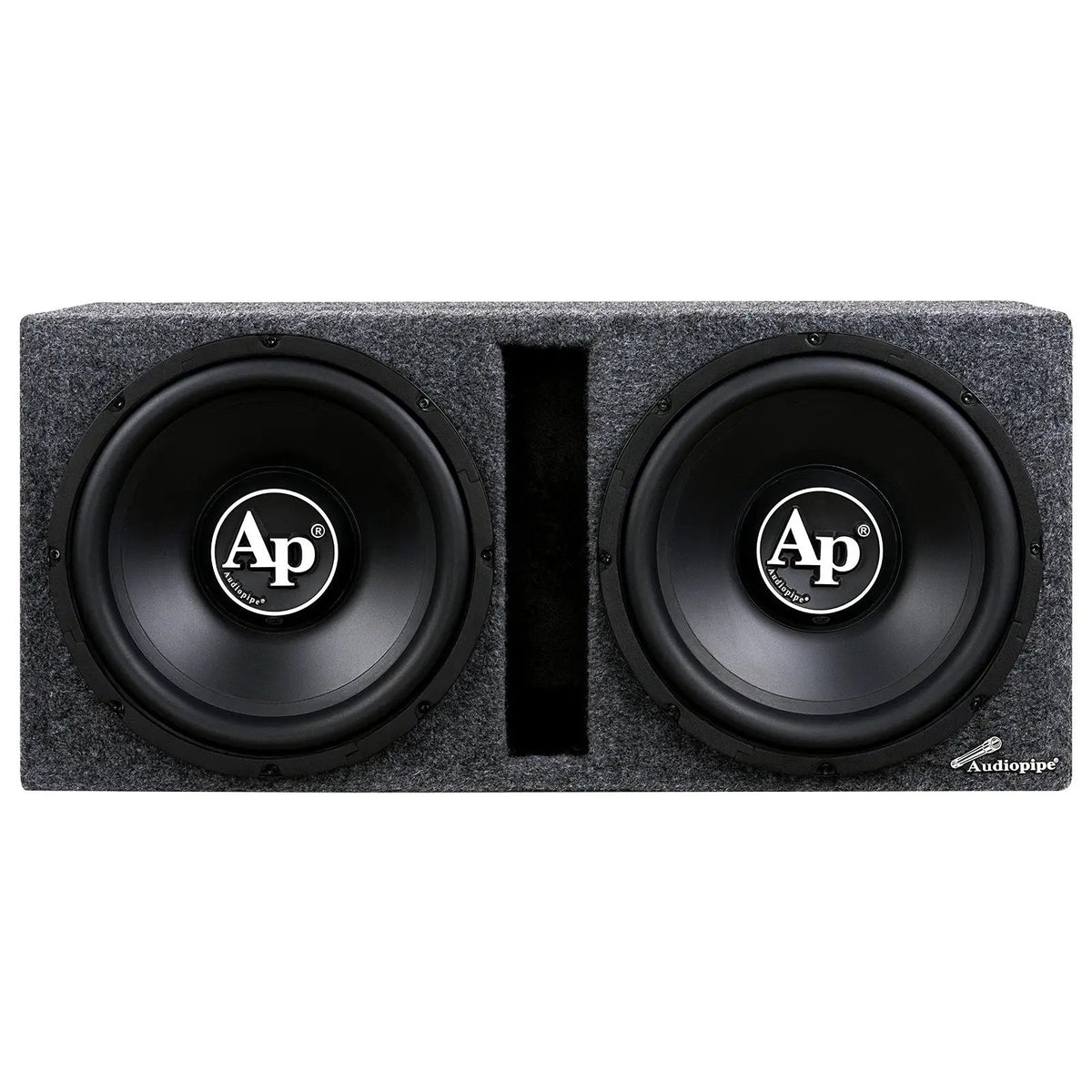 Front view of a gray-carpeted Audiopipe enclosure with two subwoofers and a central slot port