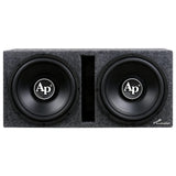 Front view of a gray-carpeted Audiopipe enclosure with two subwoofers and a central slot port