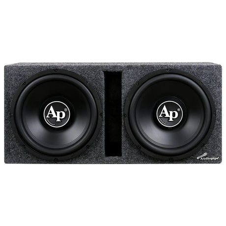 Front view of a gray-carpeted Audiopipe enclosure with two subwoofers and a central slot port