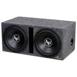 Angled view of a dual-subwoofer Audiopipe enclosure with gray carpeting, central slot port and side terminal cup