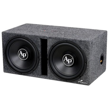 Angled view of a dual-subwoofer Audiopipe enclosure with gray carpeting, central slot port and side terminal cup