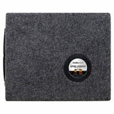 Side of a gray-carpeted enclosure with an Audiopipe APSB-1250CLV terminal cup marked 1 ohm