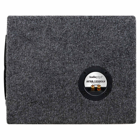 Side of a gray-carpeted enclosure with an Audiopipe APSB-1250CLV terminal cup marked 1 ohm