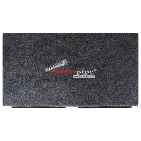 Rear of an Audiopipe subwoofer enclosure covered in gray carpet with an embroidered Audiopipe logo