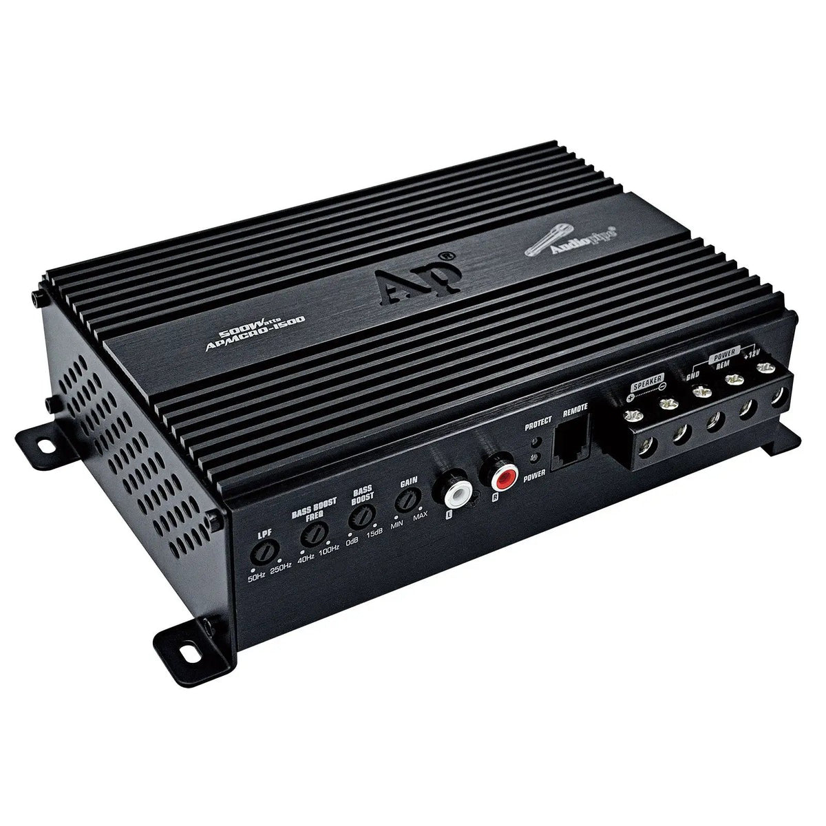 Compact black Audiopipe amplifier with RCA inputs, adjustment controls and screw terminals