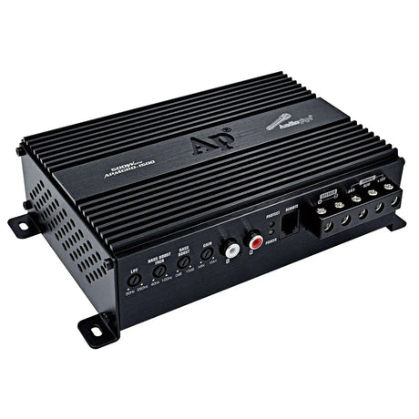 Compact black Audiopipe amplifier with RCA inputs, adjustment controls and screw terminals