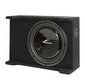 Black carpeted bass enclosure with an Audiopipe subwoofer