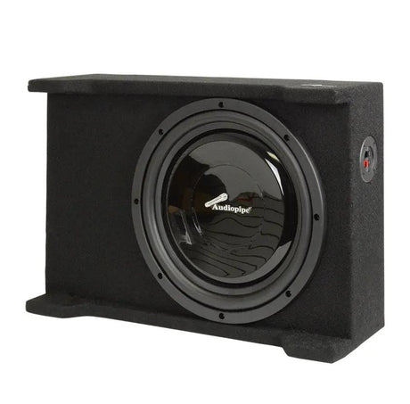 Black carpeted bass enclosure with an Audiopipe subwoofer