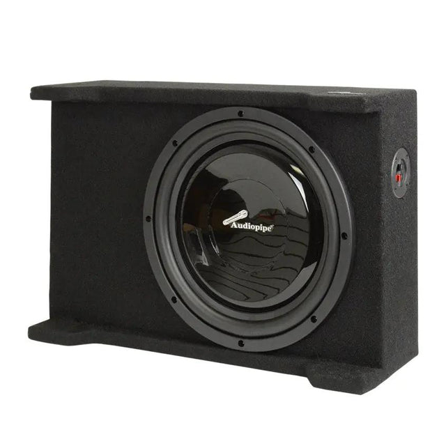Black carpeted bass enclosure with an Audiopipe subwoofer