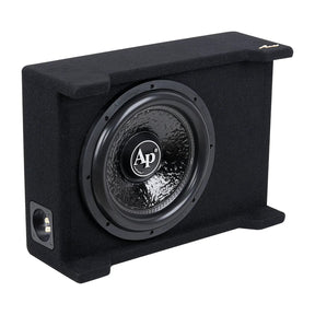 Angled view of a slim black-carpeted subwoofer enclosure with its side terminal cup visible