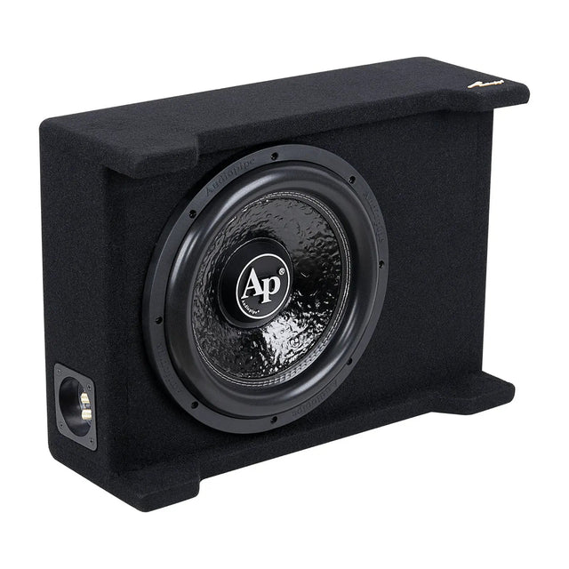 Angled view of a slim black-carpeted subwoofer enclosure with its side terminal cup visible