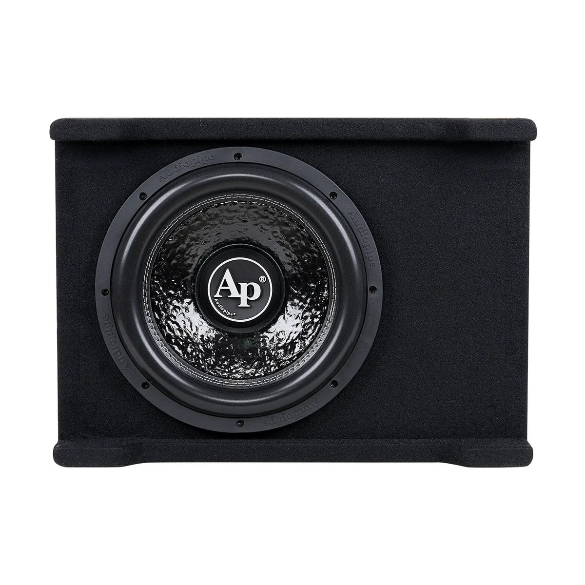 Front view of a black-carpeted Audiopipe enclosure with a single subwoofer and large AP logo
