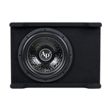 Front view of a black-carpeted Audiopipe enclosure with a single subwoofer and large AP logo