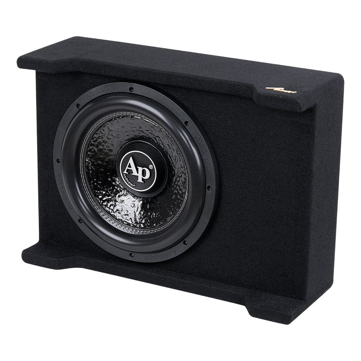 Opposite angled view of a slim black-carpeted Audiopipe subwoofer enclosure