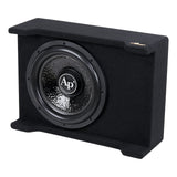 Opposite angled view of a slim black-carpeted Audiopipe subwoofer enclosure