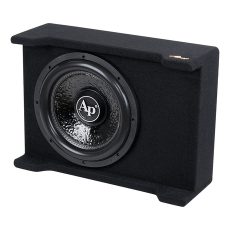 Opposite angled view of a slim black-carpeted Audiopipe subwoofer enclosure