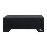 Black carpeted Audiopipe enclosure with a long rectangular body and recessed lower edge