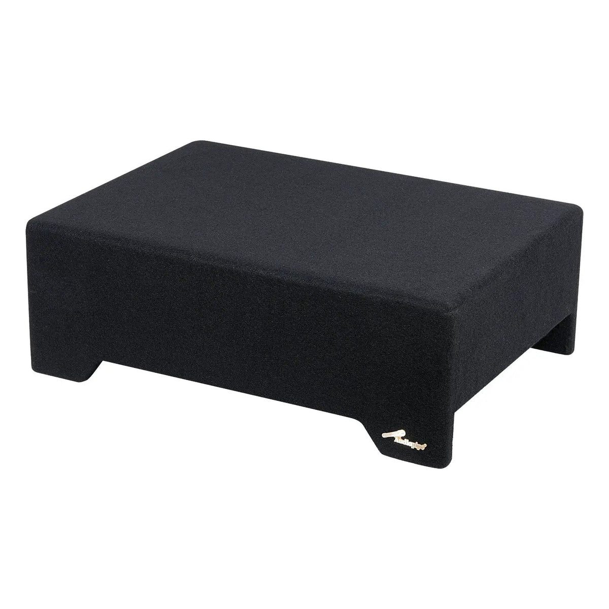 Black carpeted Audiopipe bass enclosure with raised feet