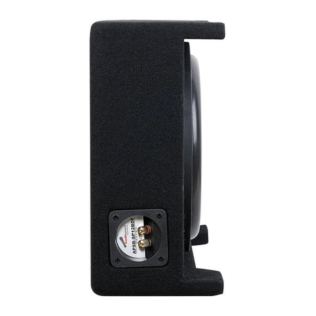 Audiopipe bass enclosure end view showing its recessed speaker terminals and raised feet