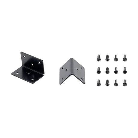 Two black enclosure mounting brackets and a set of screws
