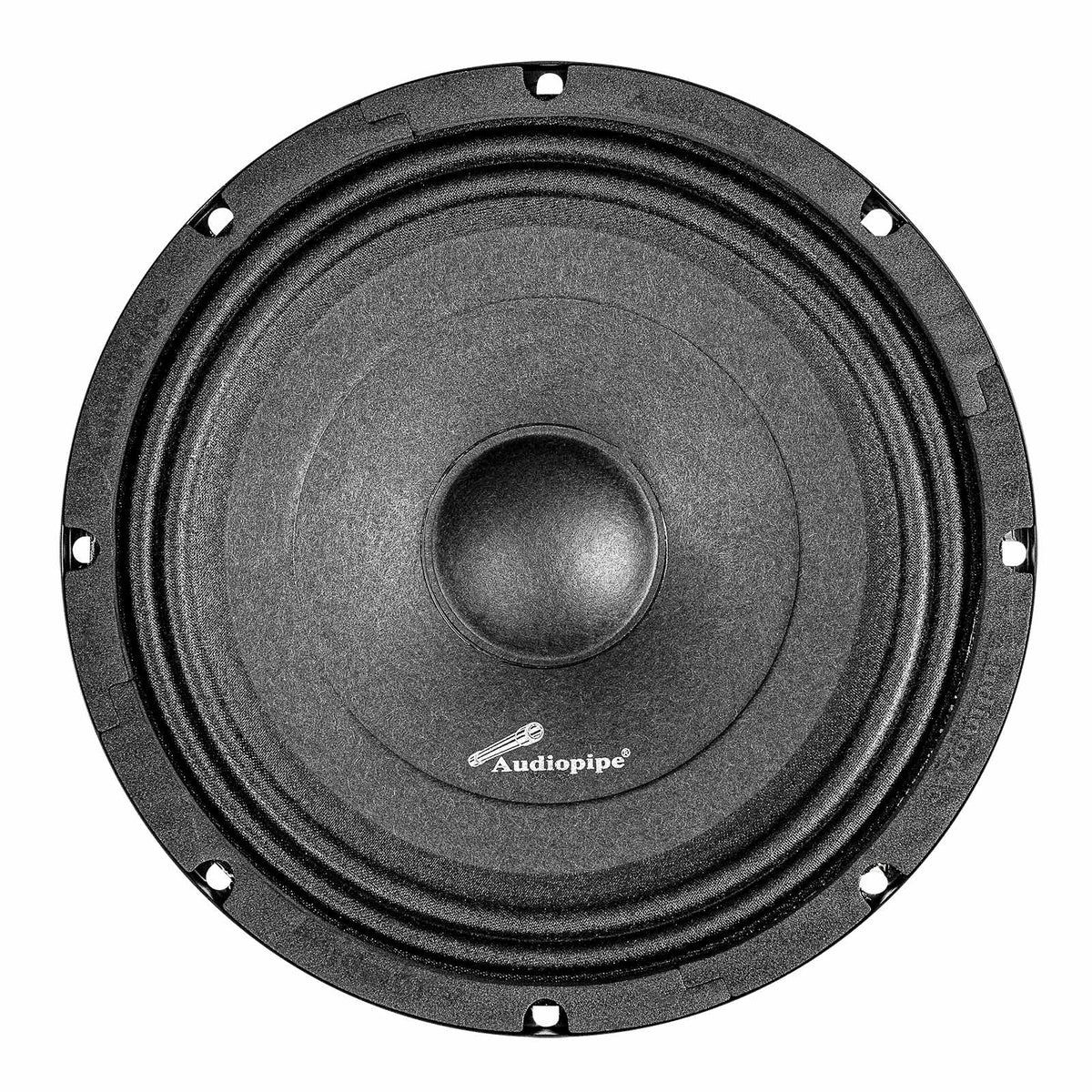 Front view of a black Audiopipe speaker with a plain cone and domed dust cap