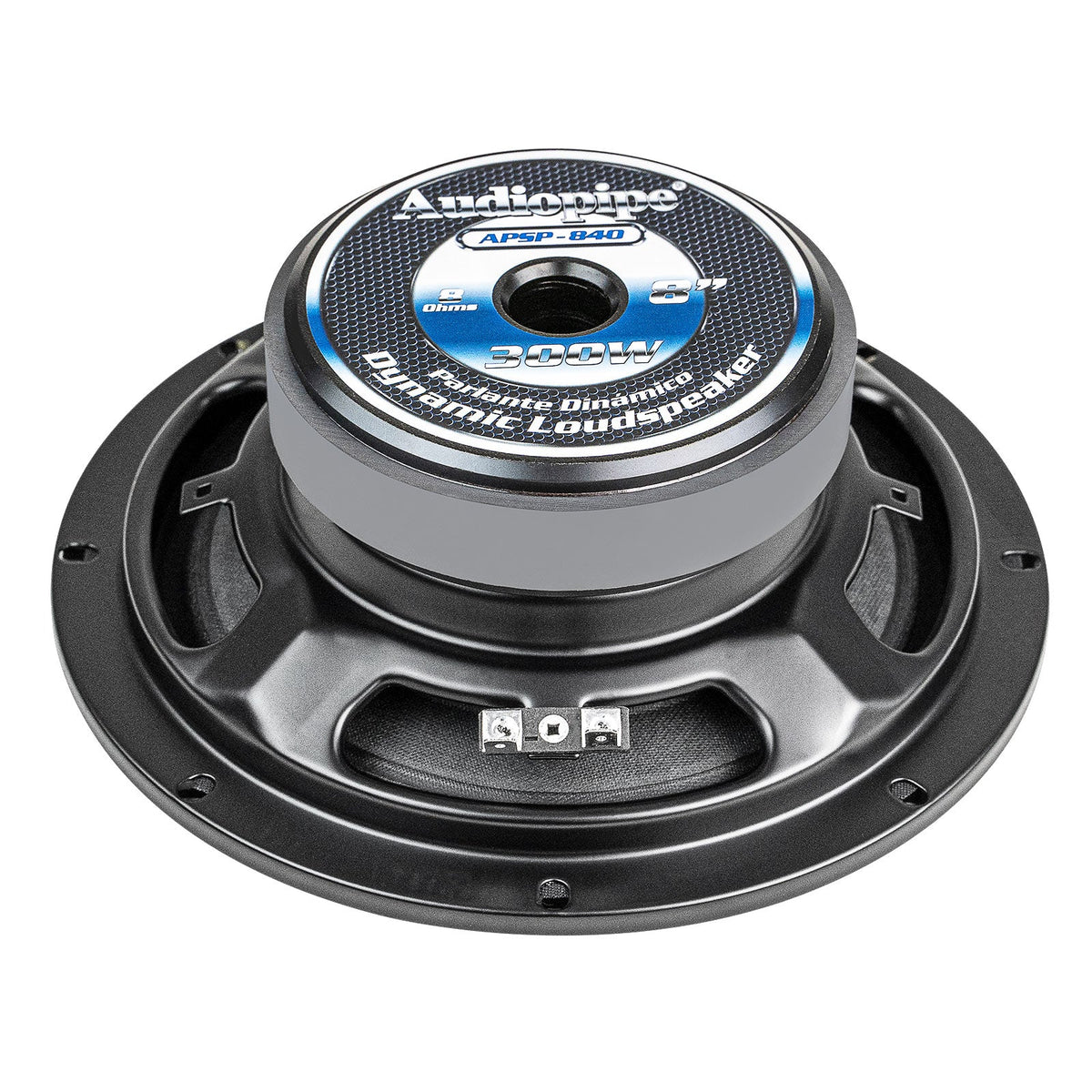 Audiopipe APSP-840 loudspeaker rear angled view showing its labeled magnet, basket and terminals